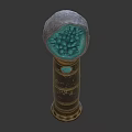 Ornate Golden Decorative Scepter With Green Gemstone Top And Textured Surface