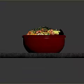 Red Bowl Japanese Ramen With Fresh Vegetables Sliced Meat Nori On Black Tray And Chopsticks
