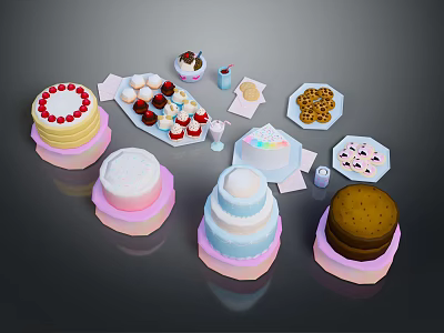 Assorted Dessert Display With Layered Cakes Frosted Cupcakes Cookies And Pastries 3d model