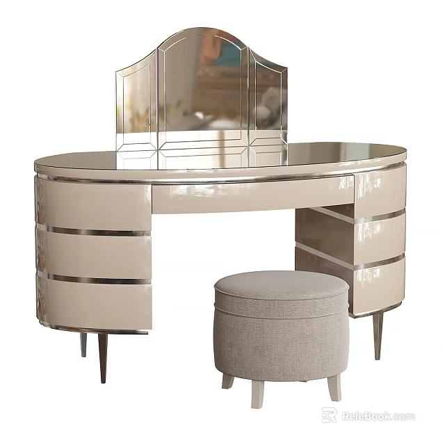 Modern Dressing Table with Round Mirror Multiple Drawers and Matching Stool 3d model 