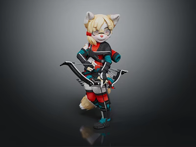 Anime Style Game Character With Cat Ears Blonde Hair And Red Black Outfit Holding Bow 3d model