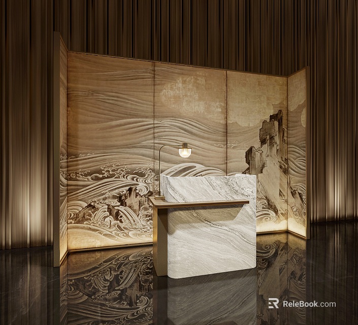 Modern Reception Desk With Marble Countertop Carved Textured Wall Warm Lighting Luxurious Lobby Interior 3d model 