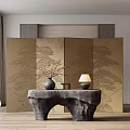 Stone Console Table With Vase Lamp And Golden Patterned Screen 3d model