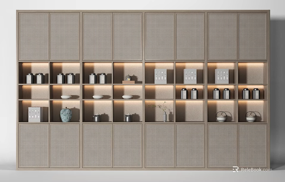 Light Colored Decorative Cabinet With Grid Pattern Design Illuminated Shelves Displaying Vases Jars Small Ornaments 3d model 
