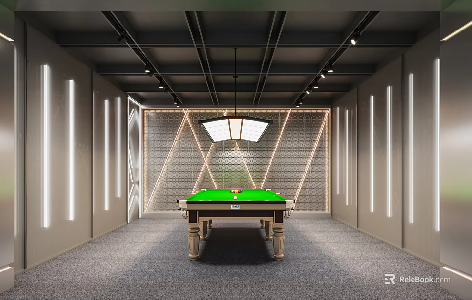 Modern Billiard Room Interior With Green Felt Table Geometric Walls And Ceiling Lights 3d model 