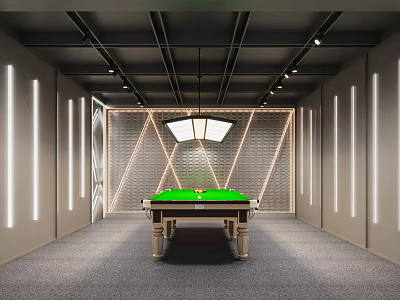 Modern Billiard Room Interior With Green Felt Table Geometric Walls And Ceiling Lights 3d model