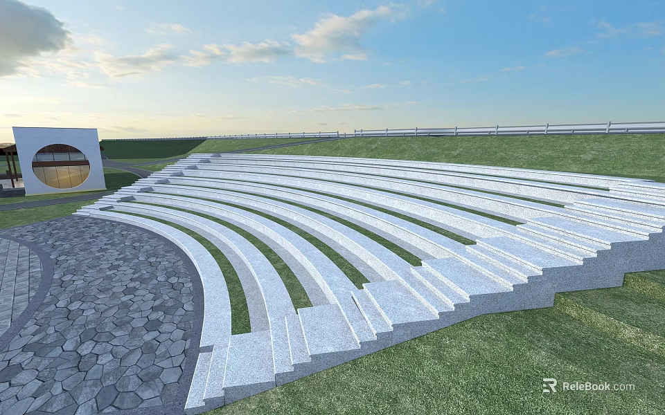 Modern Outdoor Amphitheater With White Curved Steps And Green Grass Landscape 3d model 
