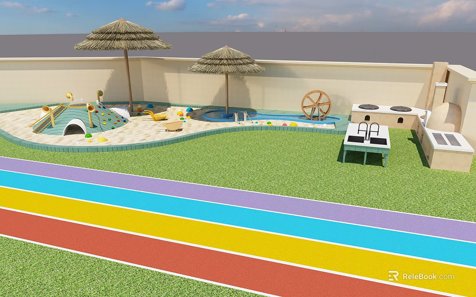 Colorful Garden Design With Green Lawn Straw Umbrellas Water Wheel And Play Area 3d model 