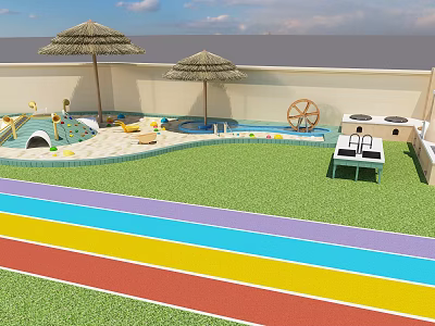Colorful Garden Design With Green Lawn Straw Umbrellas Water Wheel And Play Area 3d model