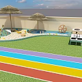 Colorful Garden Design With Green Lawn Straw Umbrellas Water Wheel And Play Area