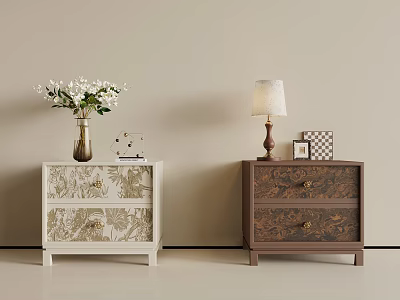 Chic Vintage Printed Double Drawer Nightstands With Delicate Metal Handles For Modern Bedroom Decor 3d model
