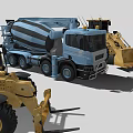 Blue Concrete Mixer Truck And Yellow Construction Vehicles Including Wheel Loader And Forklift