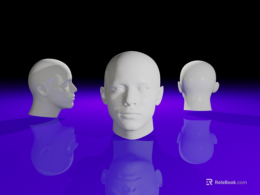 Three White Male Head Models On Black Background With Purple Reflective Surface 3d model 