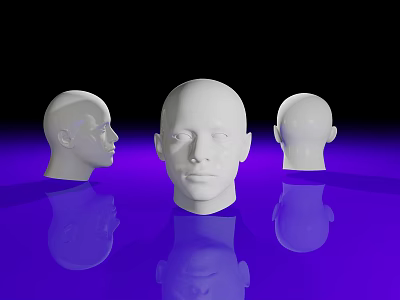 Three White Male Head Models On Black Background With Purple Reflective Surface 3d model