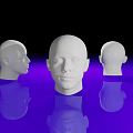Three White Male Head Models On Black Background With Purple Reflective Surface