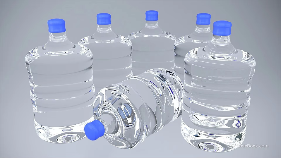 Clear Bottled Water with Blue Caps in Transparent Plastic Bottles and Multiple 3d model 