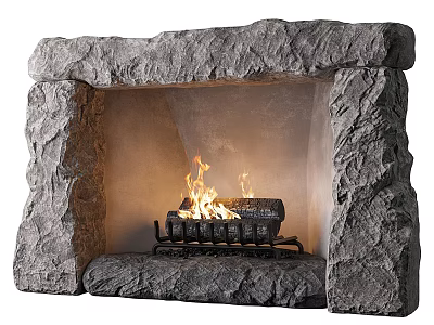 Natural Stone Fireplace With Rock Texture Design And Burning Fire Wood Logs 3d model