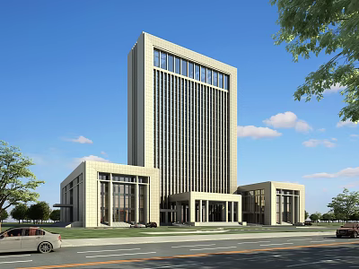 Modern Tall Office Building With Large Glass Windows Surrounded by Greenery And Light Stone Exterior 3d model
