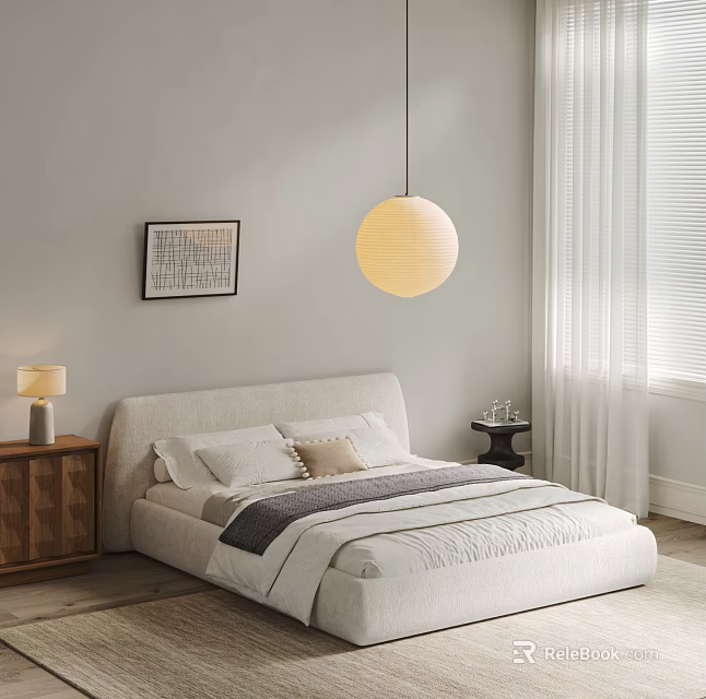 Modern Minimalist Double Bed Interior With Bedside Table Pendant Light And Curtains 3d model 