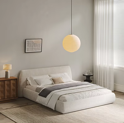 Modern Minimalist Double Bed Interior With Bedside Table Pendant Light And Curtains 3d model