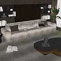 Beige Three Seater Sofa In Modern Living Room With Bookshelves Plants And Coffee Table