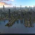 Aerial Planning of Modern Urban Cityscape with Skyscrapers Rivers Green Spaces and Boats