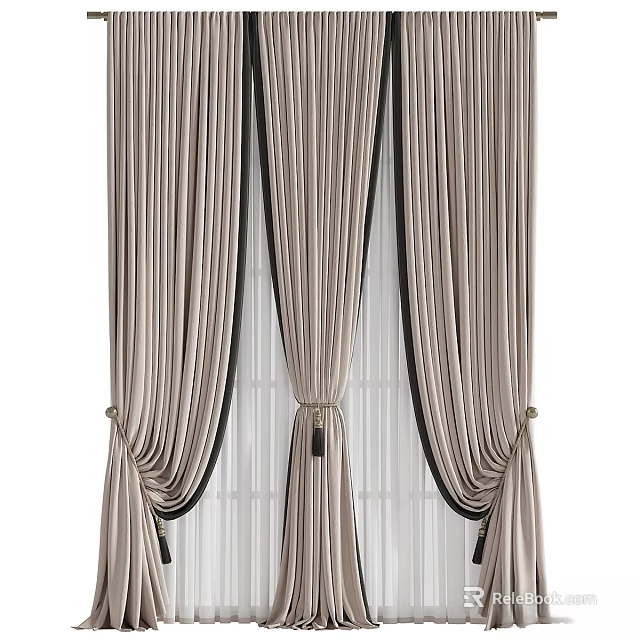 Beige Striped Curtains with Black Trim and Tiebacks Draped Design with White Sheer Background 3d model 