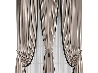 Beige Striped Curtains with Black Trim and Tiebacks Draped Design with White Sheer Background 3d model