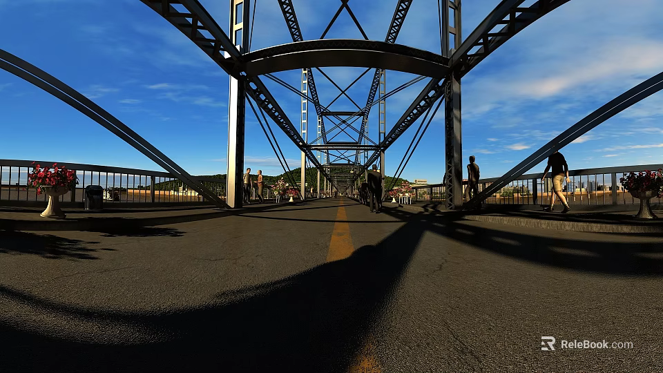 Steel Bridge Structure With Blue Sky People Walking And Road Surface Shadows 3d model 