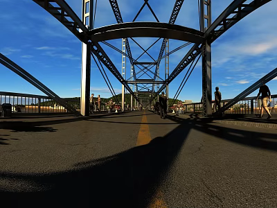 Steel Bridge Structure With Blue Sky People Walking And Road Surface Shadows 3d model