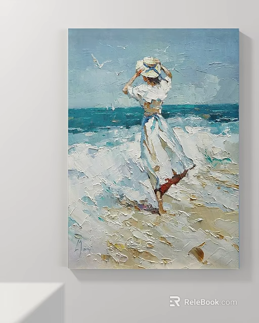 Seascape Landscape Painting Woman In White Dress With Hat On Sandy Beach Near Rolling Waves 3d model 
