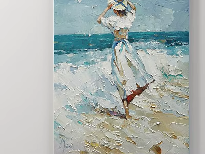 Seascape Landscape Painting Woman In White Dress With Hat On Sandy Beach Near Rolling Waves 3d model