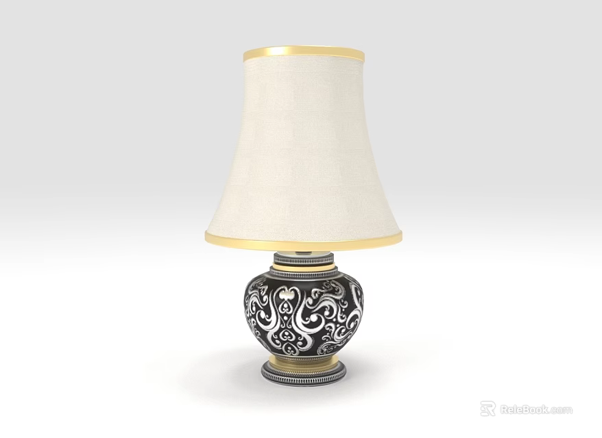 Decorative Table Lamp With Black Base White Patterns And Off White Gold Trim Lampshade 3d model 