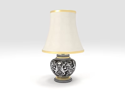 Decorative Table Lamp With Black Base White Patterns And Off White Gold Trim Lampshade 3d model