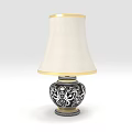 Decorative Table Lamp With Black Base White Patterns And Off White Gold Trim Lampshade