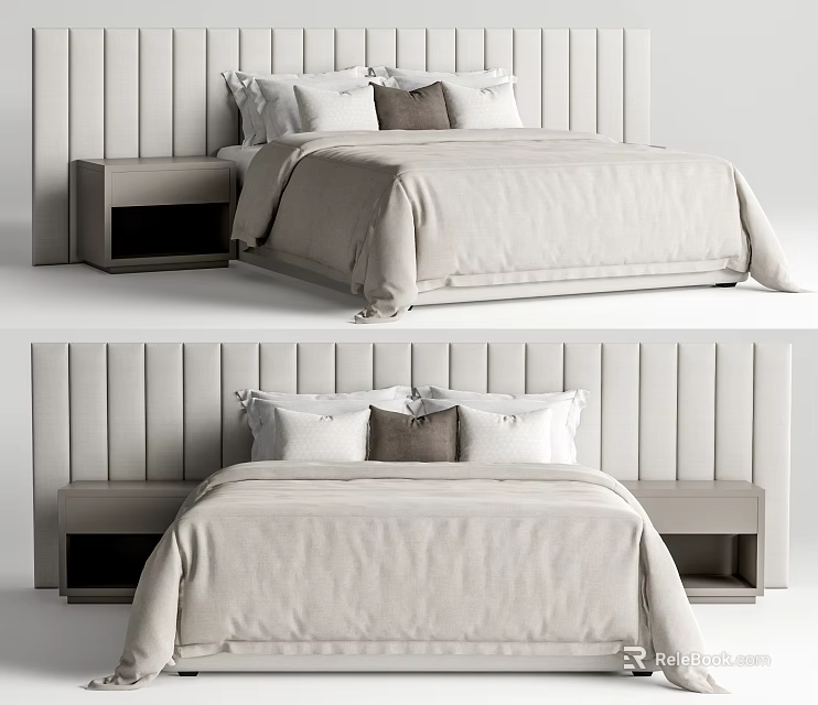 Modern Minimalist Double Bed With Vertical Striped Headboard And Nightstands 3d model