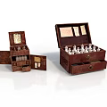 Open Brown Wooden Storage Boxes With Chess Pieces And Compartments 3d model