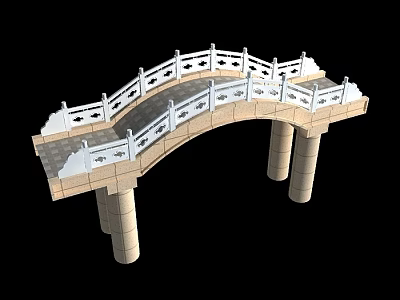 Traditional Stone Arch Bridge With White Ornamental Railings And Supporting Pillars 3d model