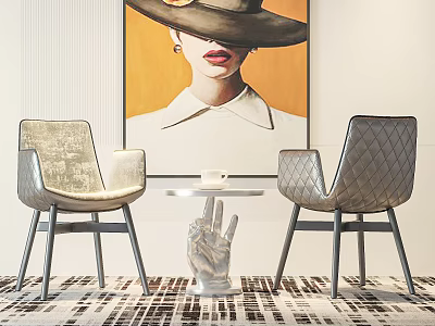 Stylish Quilted Lounge Chairs With Metal Legs Round Side Table And Modern Art Painting 3d model