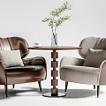 Casual Sofa Set with Brown Leather Light Gray Fabric Chairs Small Round Table Vase Greenery 3d model