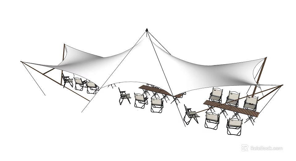 Spacious Outdoor Tent With Wooden Tables And Chairs For Camping Gatherings 3d model 