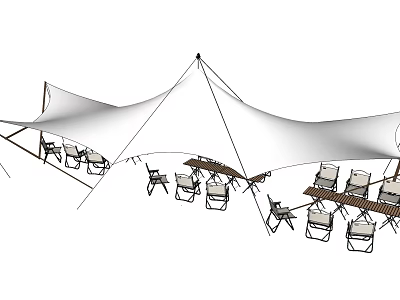 Spacious Outdoor Tent With Wooden Tables And Chairs For Camping Gatherings 3d model