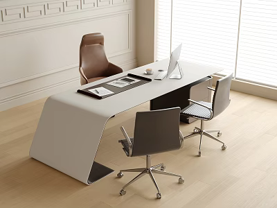 Modern Office Desk With Laptop Brown Leather Chair And Swivel Office Chairs By Window 3d model