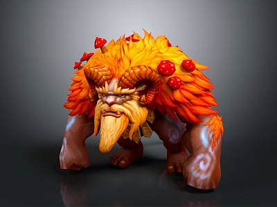 Fantasy Character And Mythical Creature With Orange Flame Fur Horns Beard And Red Mushroom Decorations 3d model