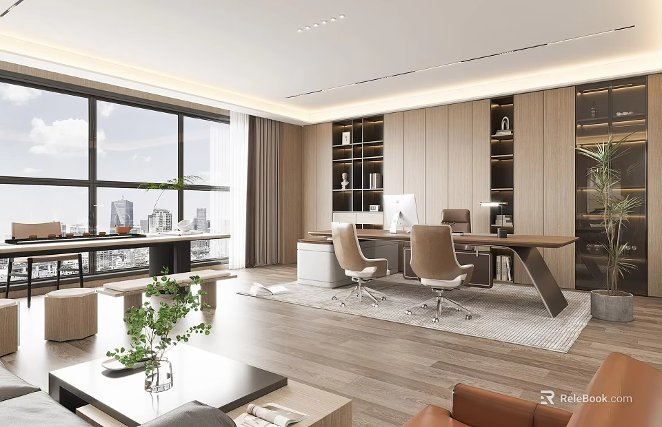 Modern Office Interior With Large Windows Wooden Bookshelves Desks Chairs And Green Plants 3d model 
