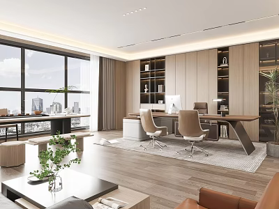 Modern Office Interior With Large Windows Wooden Bookshelves Desks Chairs And Green Plants 3d model