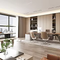 Modern Office Interior With Large Windows Wooden Bookshelves Desks Chairs And Green Plants