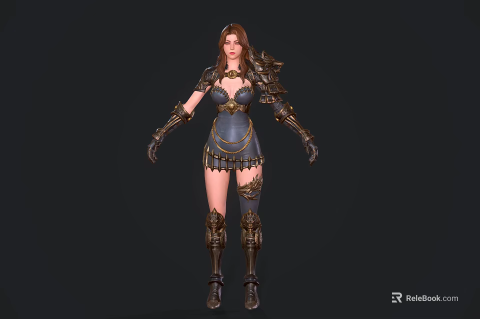 A Woman in Ornate Metallic Armor with Long Hair Standing Against Black Background 3d model 