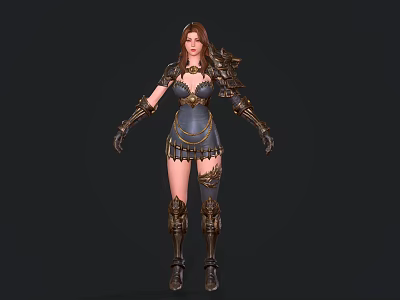 A Woman in Ornate Metallic Armor with Long Hair Standing Against Black Background 3d model