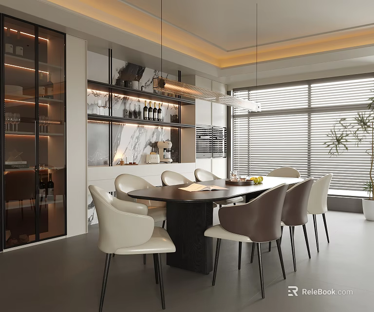 Modern Restaurant Interior Design With Round Table White And Brown Chairs Wine Cabinet Window Blinds 3d model 